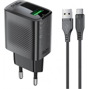 Acefast A90 GaN USB-A QC 18W Charger - Black + USB-A / USB-C Cable