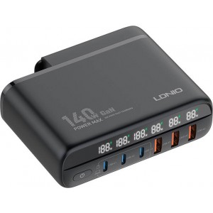 Ldnio Power charger with display 140W LDNIO A6140C 3x USB-A + 3x USB-C, US/UK/EU (black)