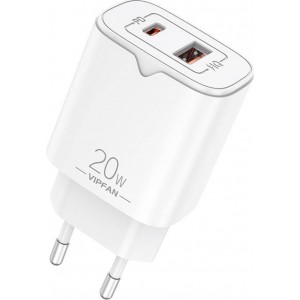 Vipfan Network charger VFAN E08, USB + USB-C, 20W PD + QC 3.0 (white)