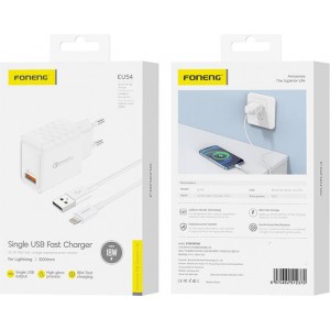 Foneng EU54 18W USB-A, 3A mains charger (White) + USB-A to Lightning cable