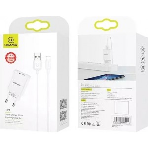 Usams Wall charger 1x USB T21 lightning white/white 2.1A Fast Charging T21OCLN01