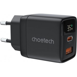 Choetech PD6052 USB-C USB-A PD 35W GaN wall charger with display - black