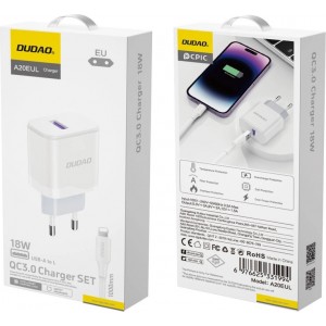 Dudao A20EU USB-A 18W network charger - white + USB-A - Lightning cable