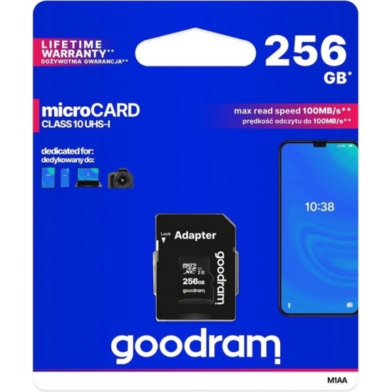 Goodram Microcard 256 GB micro SD XC UHS-I class 10 memory card, SD adapter (M1AA-2560R12)