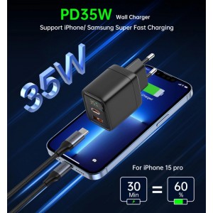 Choetech PD6052 USB-C USB-A PD 35W GaN wall charger with display - black