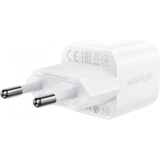 Acefast A77 Mini PD 30W GaN wall charger + USB-C cable - white