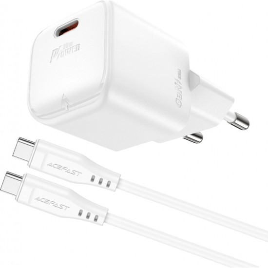 Acefast A77 Mini PD 30W GaN wall charger + USB-C cable - white