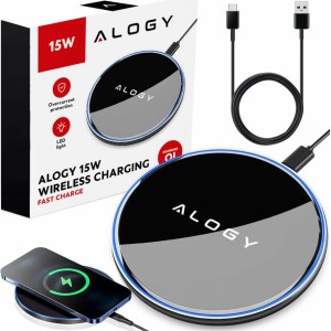 Alogy QI wireless inductive charger 15W fast LED Alogy round for iPhone USB-C cable Black