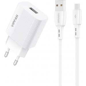 Vipfan Mains charger VFAN E01, 1x USB, 2.4A + Micro USB cable (white)