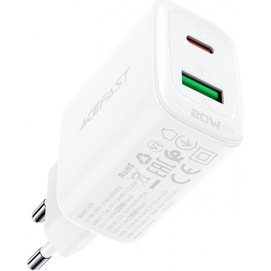 Acefast wall charger USB Type C / USB 20W, PPS, PD, QC 3.0, AFC, FCP white (A25 white)