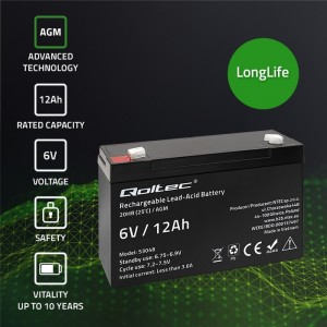 Qoltec AGM battery | 6V | 12Ah | Maintenance-free | Efficient| LongLife | for UPS, scale, cash register