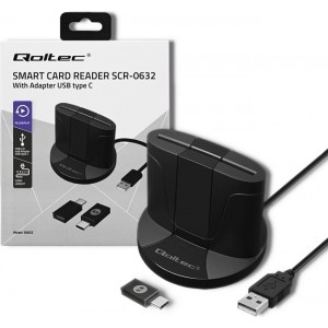 Qoltec Intelligent Smart ID chip card reader SCR-0632 | USB 2.0 + USB-C Adapter