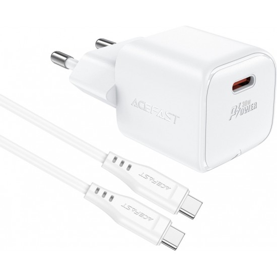 Acefast A77 Mini PD 30W GaN wall charger + USB-C cable - white