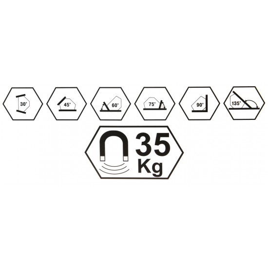 Metināšanas magnēta leņķis 75LB 34kg, sešstrūris, leņķis 30, 45, 60, 75, 90, 135, M79414