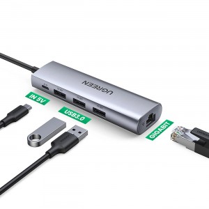 Adapteris HUB 5in1 USB, 3x USB 3.0, micro USB, RJ45, UGREEN CM266, pelēks, 60812