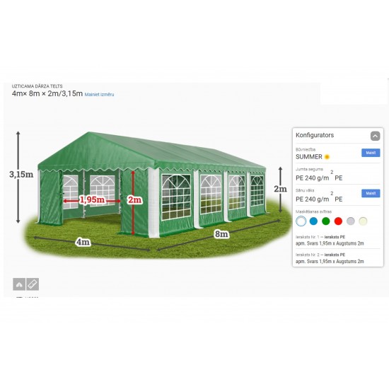 Telts brīvdienām, atpūtai. Universāla telts. PE 240 g/m 2 . 4x8x2/3,15