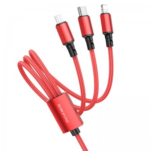 Зарядный кабель 3 в 1, USB to Type C, Lightning, microUSB, 2А, 1 м, Borofone BX72, красный