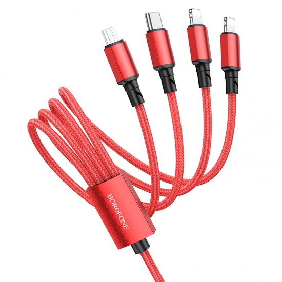 Uzlādes kabelis 4 in 1, USB uz Type C, 2 x Lightning, microUSB, 2A,1 m, Borofone BX72, sarkans