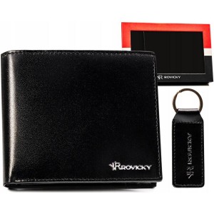Подарочный набор Мужской кошелек + брелок, кожа, RFID, ROVICKY R-SET-M-N992-KCS Черный