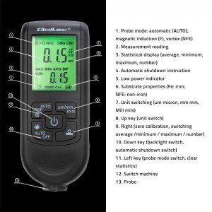 Qoltec lakas, krāsas pārklājuma biezuma mērītājs ar LCD | 0 ~ 2000 um, 50630, 5901878506302