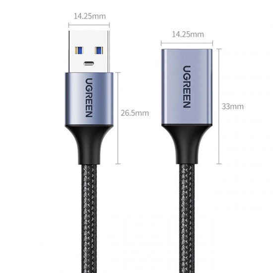 Ugreen USB-удлинитель USB (штекер) - USB (гнездо) 3.0 5 Гбит/с 0,5 м, серый, Ugreen US115, 10494, 6957303814947