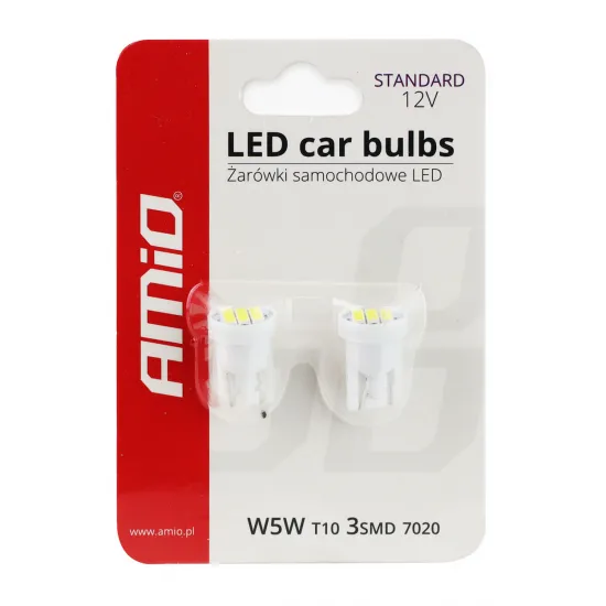 Светодиодная лампа, 12В, 3xSMD 7020, 5600K, T10 W5W, 2 шт., Amio 01096