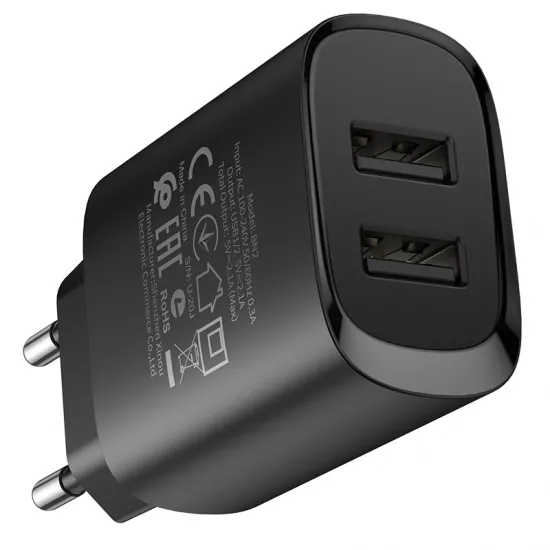 Borofone tīkla lādētājs 2,1A, 2 x USB + Lightning kabelis, melns, Borofone BN2 Super, LAD001397, 6931474741172