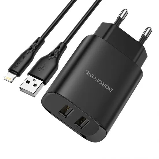 Borofone tīkla lādētājs 2,1A, 2 x USB + Lightning kabelis, melns, Borofone BN2 Super, LAD001397, 6931474741172