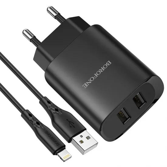 Borofone tīkla lādētājs 2,1A, 2 x USB + Lightning kabelis, melns, Borofone BN2 Super, LAD001397, 6931474741172