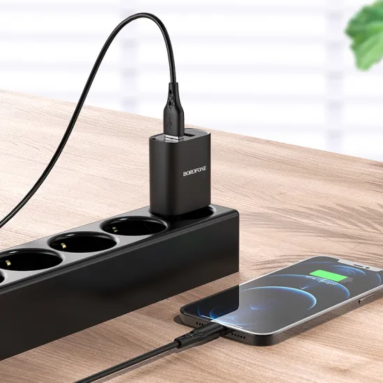 Borofone tīkla lādētājs 2,1A, 2 x USB + Lightning kabelis, melns, Borofone BN2 Super, LAD001397, 6931474741172