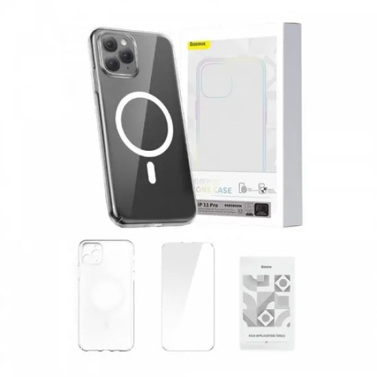 Maciņš iPhone 11 Pro (caurspīdīgs) + rūdīts stikls + tīrīšanas komplekts, Baseus Magnetic Crystal Clear ARSJ010102, 6932172627737