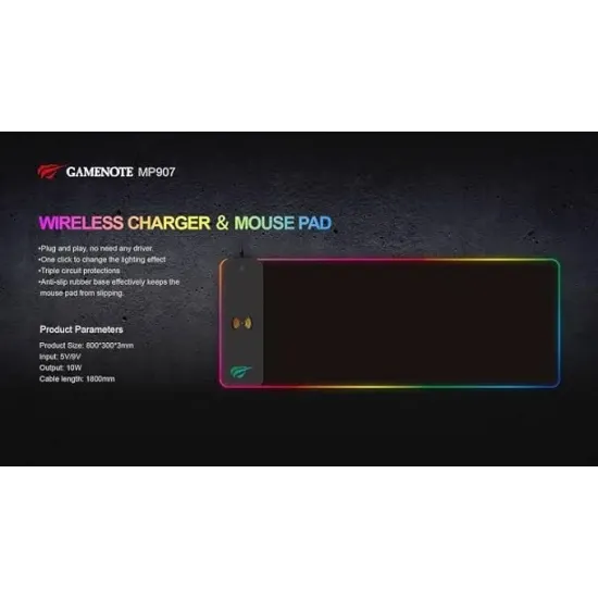 Spēļu peles paklājs ar bezvadu uzlādi, 10W, RGB, Gaming Mousepad RGB Havit MP907