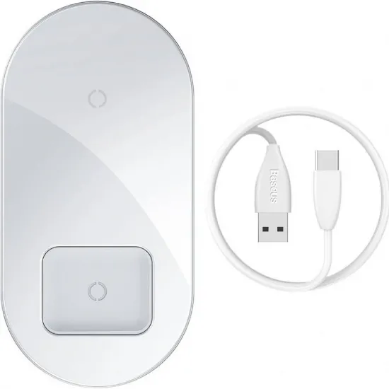 Baseus bezvadu lādētajs 15W 2in1, iPhone, AirPods, max 15W, balts, Baseus Simple 2in1 Wireless Qi Charger WXJK-02