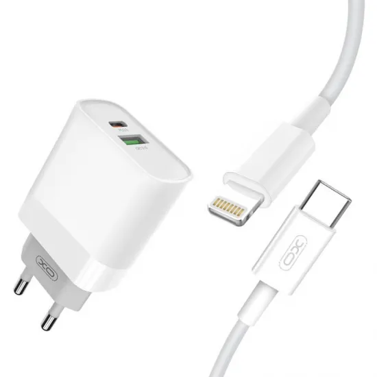XO iPhone lādētājs 18W + kabelis USB-C uz Lightning, QC3.0, PD, XO L64, balts, 6920680872442