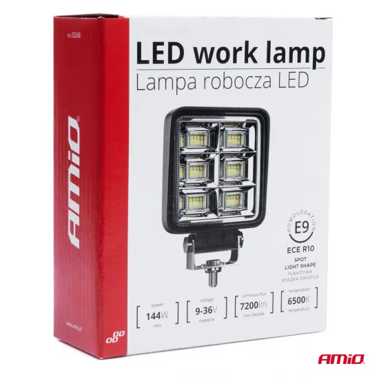 Светодиодный рабочий фонарь 48 LED SPOT, 9-36В, 144Вт, 6500К, 7200лм, IP67, Amio AWL37, 03248
