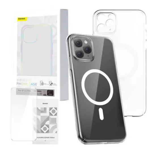 Maciņš iPhone 11 Pro (caurspīdīgs) + rūdīts stikls + tīrīšanas komplekts, Baseus Magnetic Crystal Clear ARSJ010102, 6932172627737