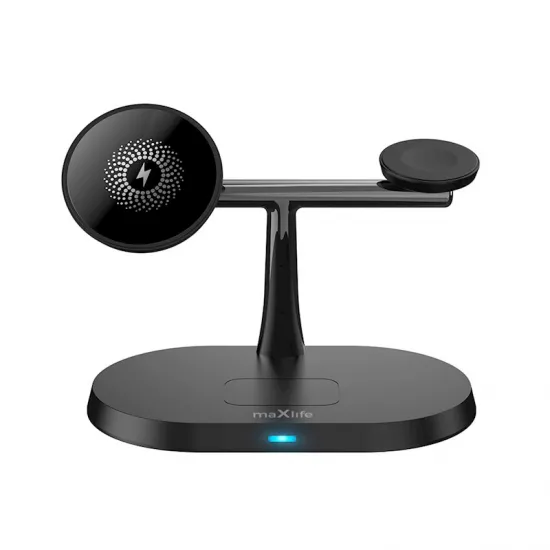 Беспроводное зарядное устройство 3в1 15Вт с MagSafe, чёрное, Maxlife MXWC-03, 5900495619464