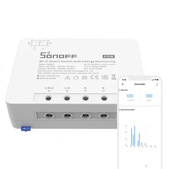 Viedais slēdzis ar enerģijas pārraudzības Sonoff POWR3 (25A/5500W)