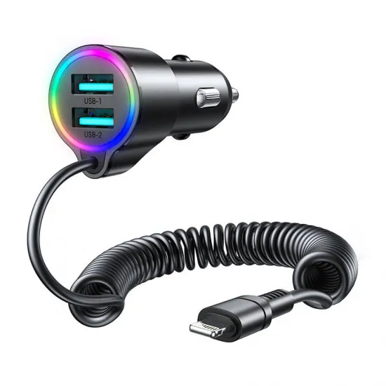 Быстрое автомобильное зарядное устройство Joyroom 2 x USB 3A + кабель Lightning 2.4A, Joyroom JR-CL25, 6956116722647