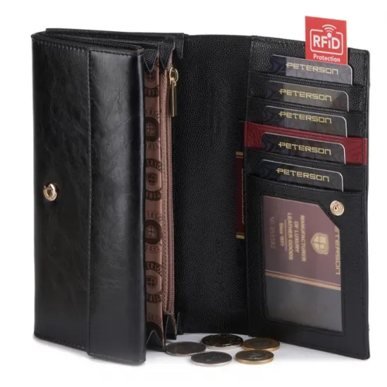 Кошелек женский, кожа, RFID, PETERSON PL-411, черный, красный